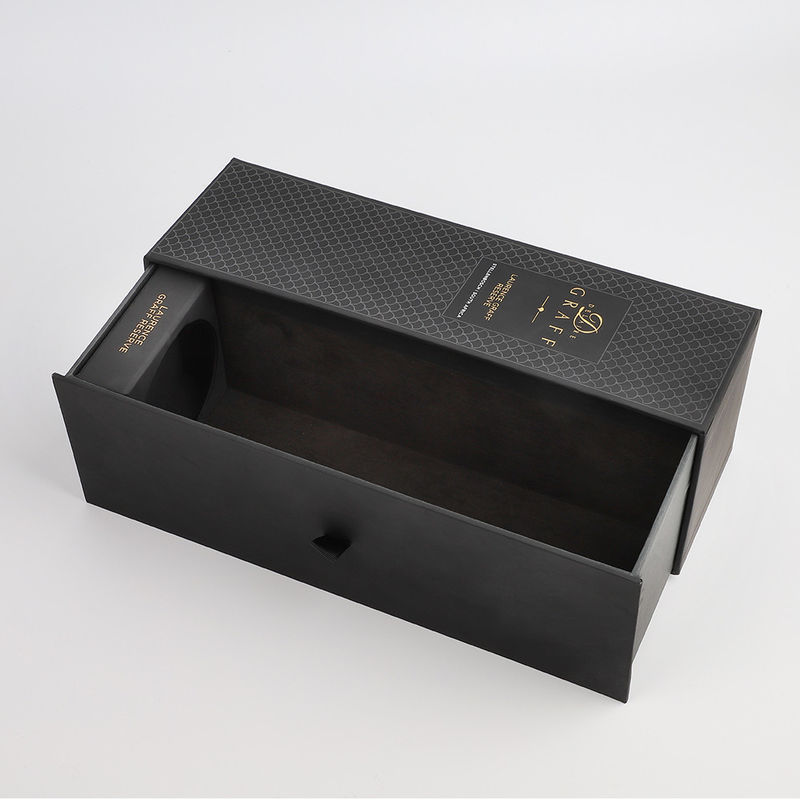 Debossing Cardboard Sliding Drawer Box ISO Black Luxury Wine Spirits With Touch Feel Paper