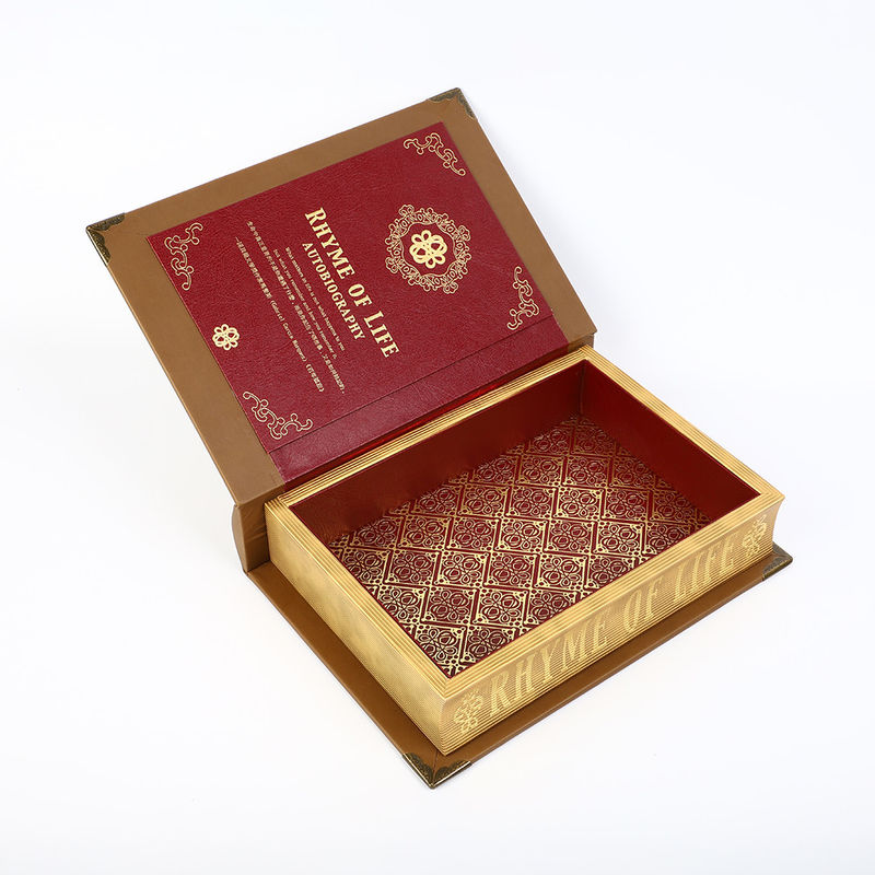 Embossing Wooden Book Shaped Gift Box Leather Wrapping Surface Round Spine 3D Metal Logo