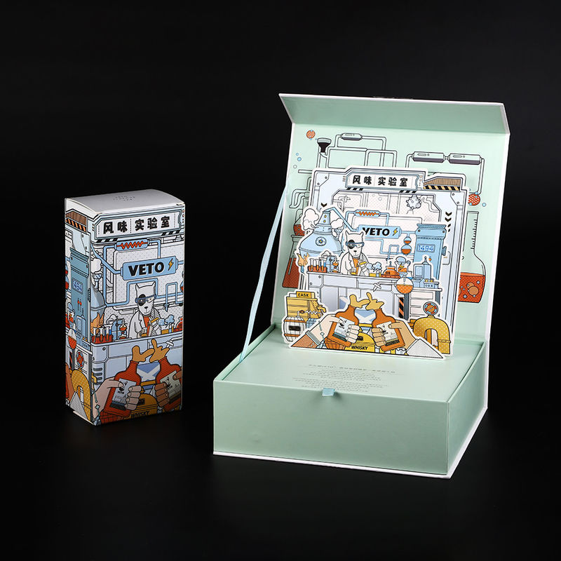 Book Shape FSC Luxury Rigid 3D Pop Up Cardboard Box For Wine Bottle Magnets Flap Pannel