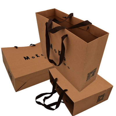 Craft Paper Brown Custom Paper Shopping Bags With Ribbon Merchandise